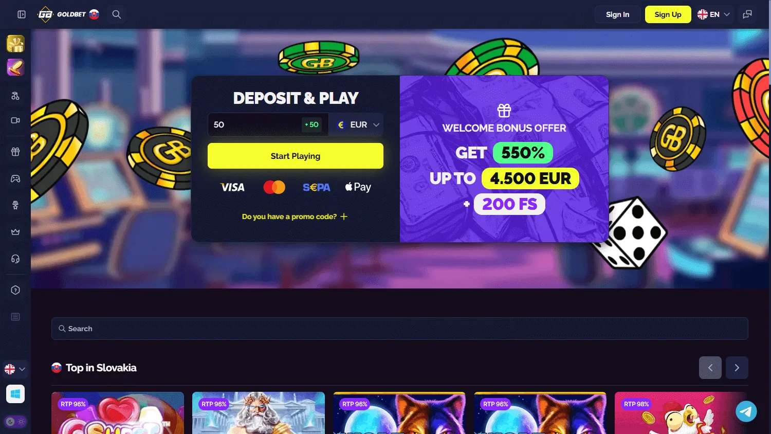 Goldbet Casino desktop home screen
