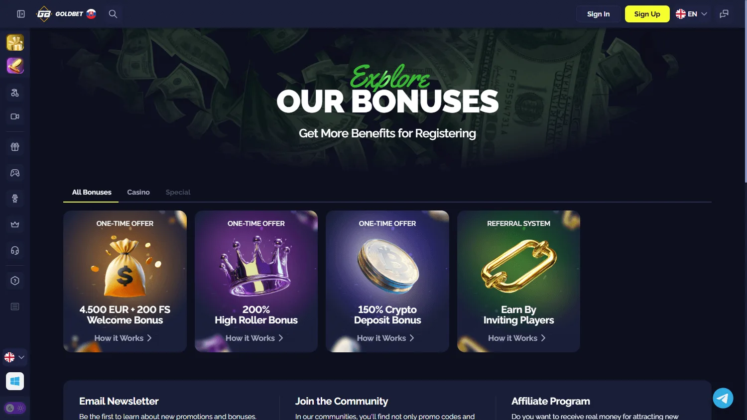 Goldbet Casino desktop promotions screen