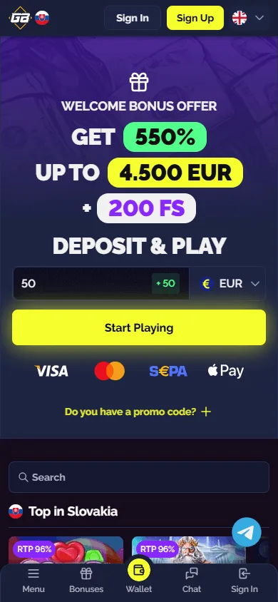 Goldbet Casino mobile home screen